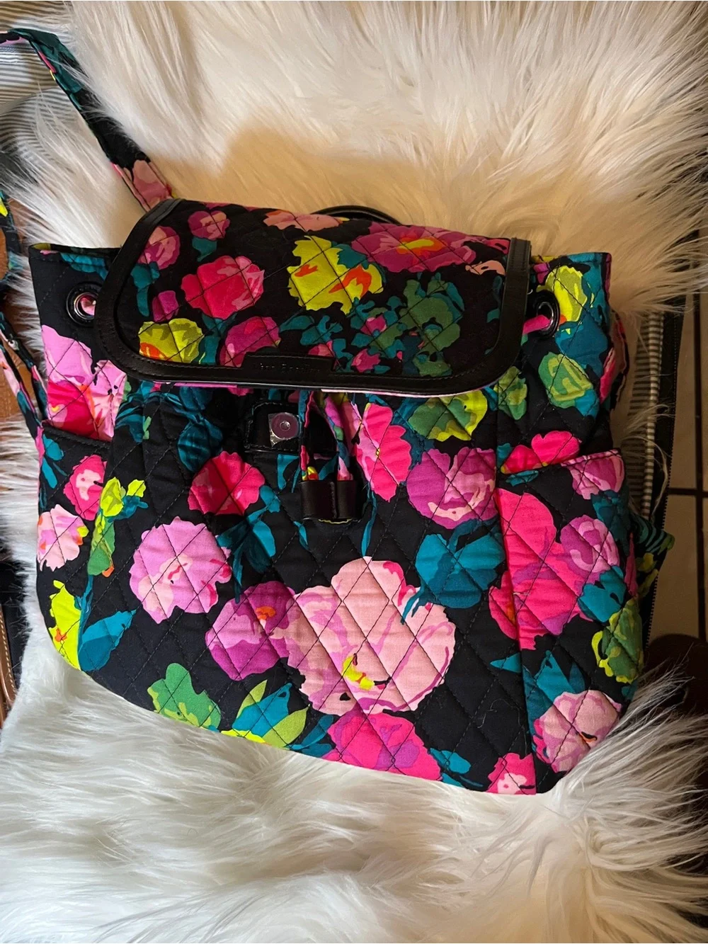 Vera Bradley Black Quilted Backpack with Pink, Teal & Lime Floral Print